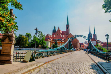 WROCLAW,POLAND. Panoramic view of renovated Tumski Bridge (Most Tumski) in Wroclaw.