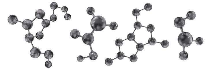 Molecules and molecular crystal lattices of black coal or dark gray color. Molecular bonds. Set. Vector abstract 3d illustration of a molecular model isolated on white background.