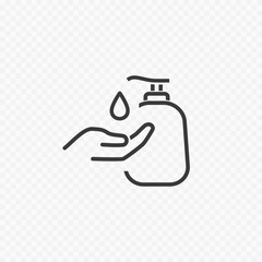 Icon of hygiene procedure, disease prevention. Vector sanitizer and antiseptic alcohol gel symbol. Healthcare wash hands with soap, antibacterial sign