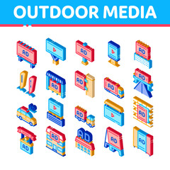 Outdoor Media Advertising Promo Icons Set Vector. Isometric Advertising Billboard And Tablet, Poster And Banner, Advertise On Car And Building Illustrations