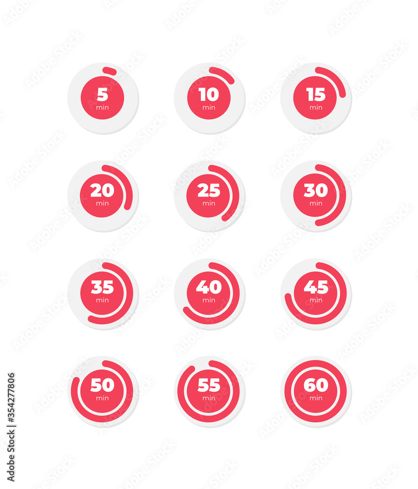 Poster set of timers. sign icon. full rotation arrow timer. colored flat icons. flat design vector illustra