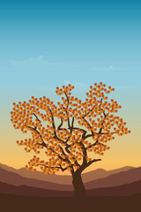 Obraz premium red tree in autumn on mountain landscape at sunset vector illustration EPS10
