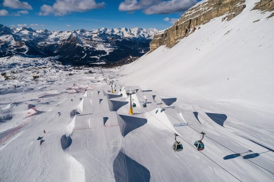 Aerial drone view of Madonna di Campiglio and ursus snowpark in Val Rendena dolomites Italy