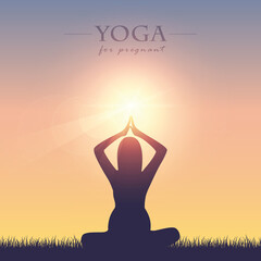 yoga for pregnant women silhouette on summer meadow at sunshine vector illustration EPS10
