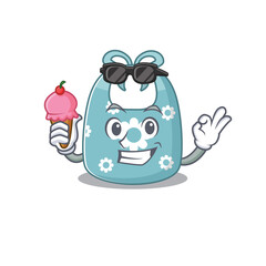 A cartoon drawing of baby apron holding cone ice cream