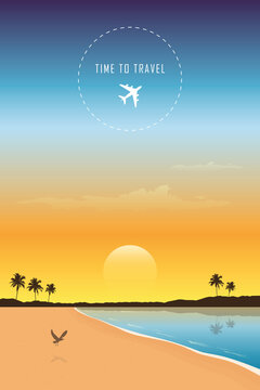 time to travel beautiful palm beach by the ocean vector illustration EPS10