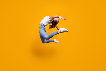 Full size profile photo of amazing lady flexible body bending spine artist dancer performance...