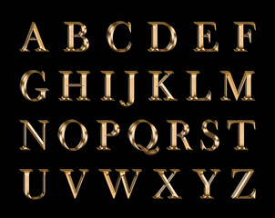 Golden English 3d alphabet on a black background.