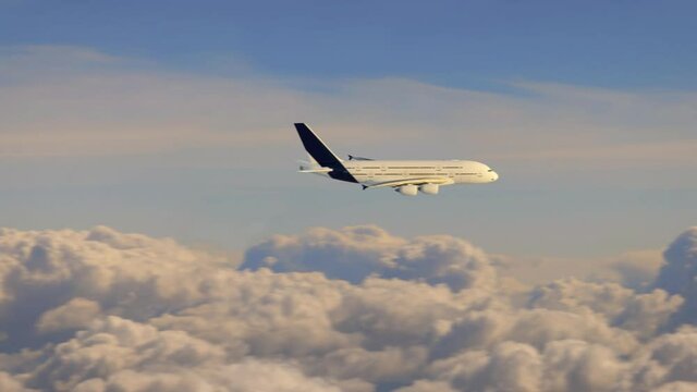 Aerial view of airliner plane flying above the clouds in the sunset, camera on the lateral of the aircraft, 3d render
