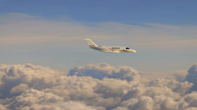 Aerial view of private plane flying above the clouds in the sunset, camera on the lateral of the aircraft, 3d render