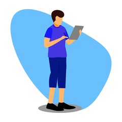 A standing man holding a book and pen. Vector illustration of a business.