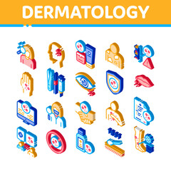 Dermatology Skin Care Icons Set Vector. Isometric Dermatology Rash On Hands And Head, Lips And Leg, Body Protection Cosmetic Cream Illustrations