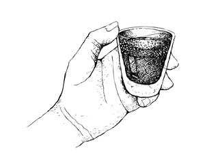 Coffee Time, Illustration Hand Drawn Sketch of Hand Holding A Shot of Espresso Isolated on White Background.
