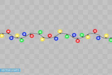 Christmas lights isolated on transparent background. Xmas glowing garland.