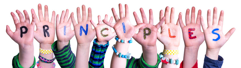 Children Hands Building Colorful English Word Principles. White Isolated Background