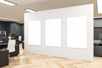 Modern office interior with three blank posters on wall
