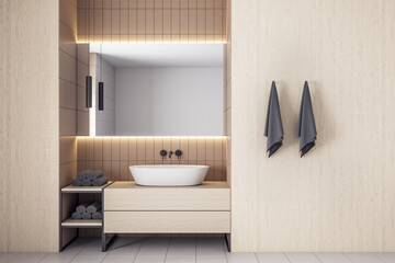 Luxury bathroom with mirror and comfortable washbasin