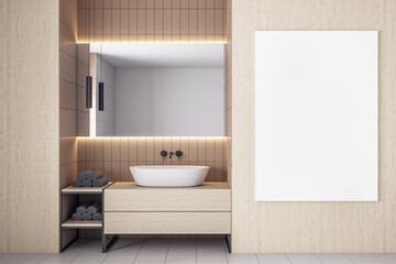 Fototapeta na wymiar Bathroom with blank billboard on wall and self care products.