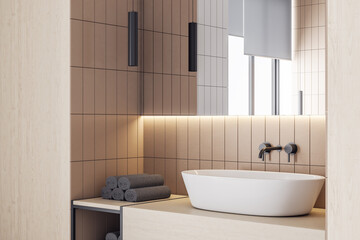 Luxury bathroom interior with mirror and comfortable bathtub.