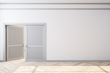 Modern home interior with door and empty white wall.