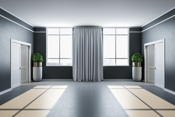 Luxury home interior with curtain, plant and concrete floor.