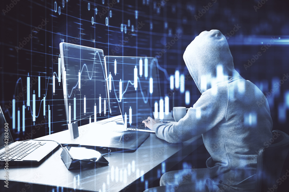 Poster Hacker using computer with business chart