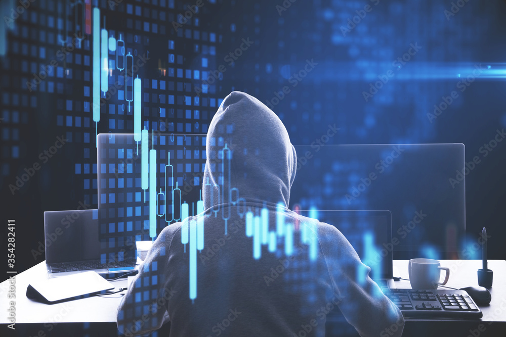 Poster Hacker using computer with business scheme
