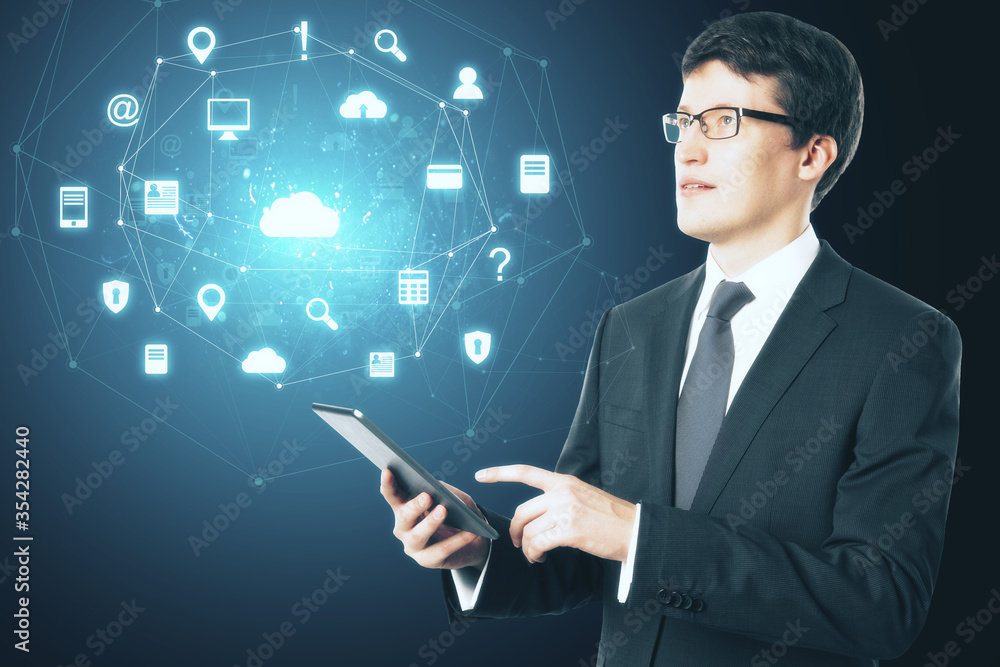 Poster Businessman using digital tablet with online networking cloud icons.