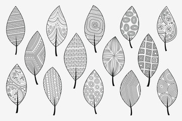 Isolated set of leaves ornament elements. Doodle style.
Decorative components for illustrations.
Adult coloring book page.