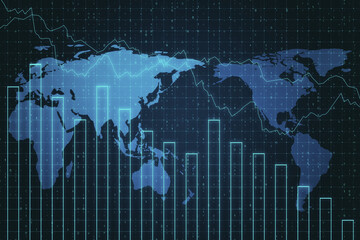 Recession chart with digital earth hologram  on screen.