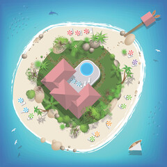Island paradise. (top view) Summer time.
Tropical exotic island in ocean. (View from above)
Hotel, palm trees, umbrellas, beach.
