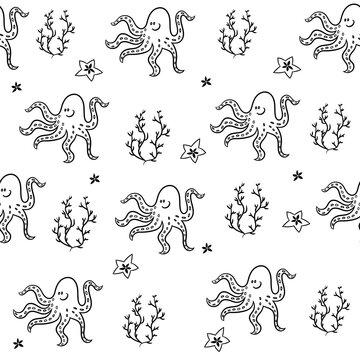 Summer seamless pattern in Doodle style on a white background with octopus and seaweed. Abstract infinite texture.Vector illustration.Design for travel and beach holidays.