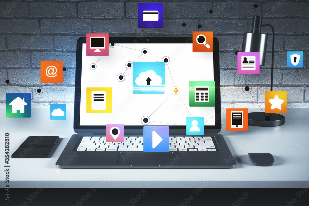 Poster workplace with laptop and cloud computing diagram.