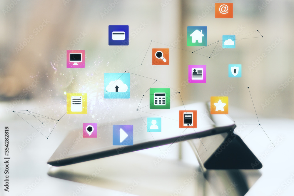 Aufkleber Workplace with tablet on table and cloud computing diagram.