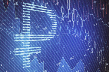 Ruble symbol and falling forex chart on virtual screen.