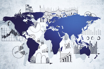 Drawing business infographic and blue world map