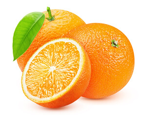 ripe orange with a leaf and a slice sliced isolated on a white background