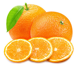 ripe orange with a leaf and a slice sliced isolated on a white background
