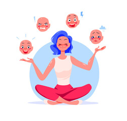 Young girl sitting in lotus yoga asana pose controlling emotions – ecstasy, anger, stress, fear, sadness and depression. Mental health and personal harmony concept. Vector flat illustration.