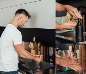 collage of handsome mad washing hands in kitchen