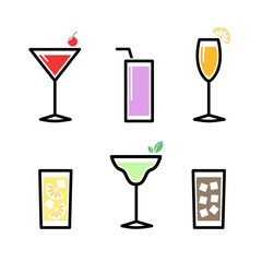 various juice drinks with various types of glasses in a vector icon set