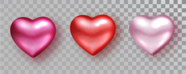 Obraz premium Hearts set shades for Valentine s day design isolated on transparent background. Realistic decoration. Vector illustration. Love concept