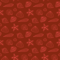 Seamless pattern with red sea shells and starfish on dark red background. Vector image.