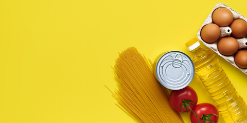 Food on yellow background, chicken eggs, sunflower oil, tomatoes, pasta, canned food, top view,...