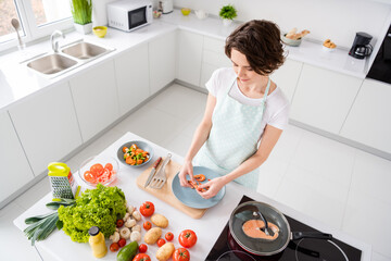 High angle above view photo of beautiful lady peel boiled shrimps cooking breakfast dinner prepared ingredients while red salmon frying grill pan wear apron modern kitchen indoors