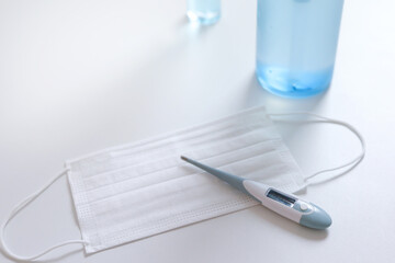 Coronavirus protection Face masks thermometer hand sanitizer bottle. Hygiene and Health care for stop spreading outbreak coronavirus covid 19.