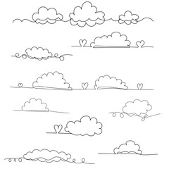 vector, isolated, clouds, continuous line drawing