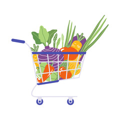 Shopping cart with fresh vegetables isolated on a white background. Healthy dietary products. Buy vegetable natural food, eggplant, tomato, carrot, pepper, beetroot, cucumber, onion. Vector flat.