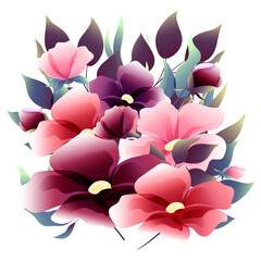 A bouquet of burgundy and pink flowers and leaves. Set of flower branches. Floral poster, invite, wedding. Vector watercolor composition for greeting card or invitation design.