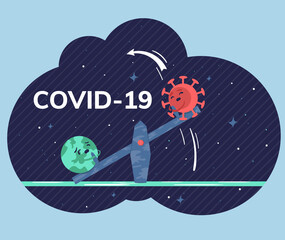 Trendy flat vector illustration depicts competition between planet Earth and Covid-19, which are compared on a balance seesaw with the starry sky background. Global viral epidemic or pandemic.
